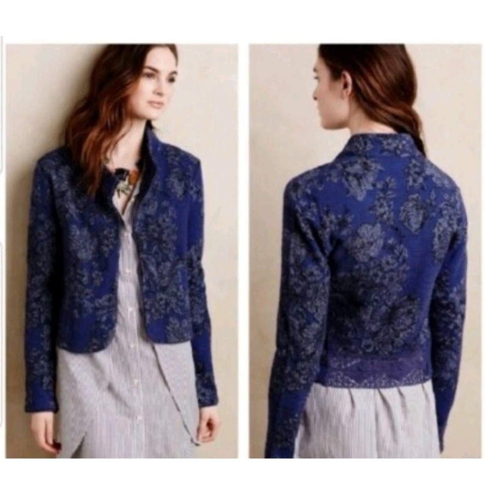 anthropologie knitted knotted cardigan  L blue Textured Open Front Floral  Lace